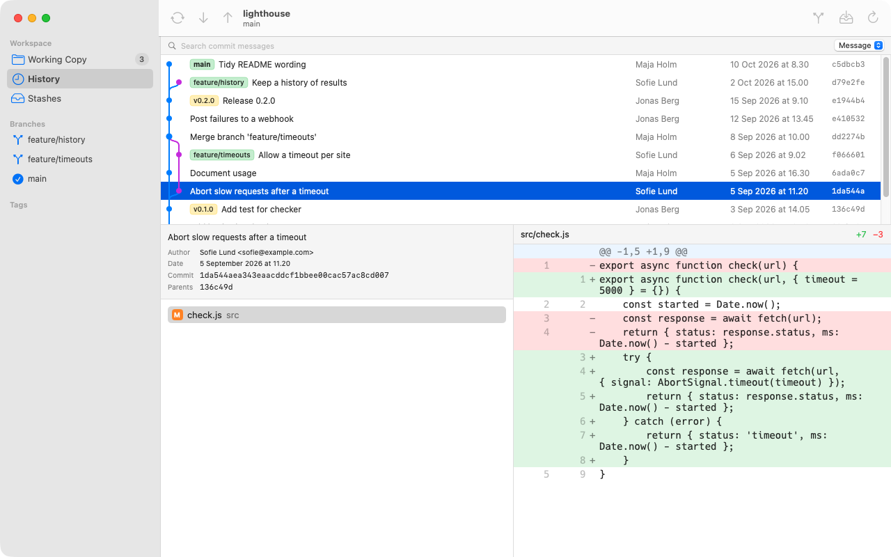 GotGit showing the history of a repository with a branch graph and the diff of a commit